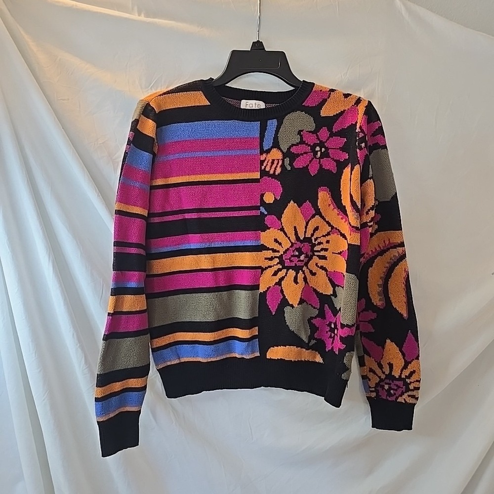 Fate Floral & Striped Colorful Sweater Women's‎ S Retro Hippie Boho Artsy Pink